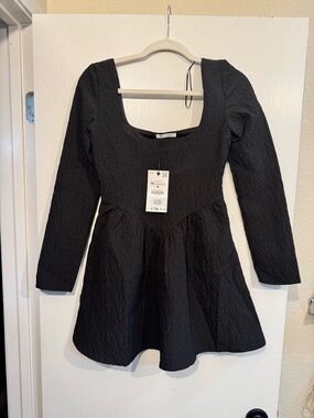 Black Textured Long Sleeve Fit-and-Flare Dress